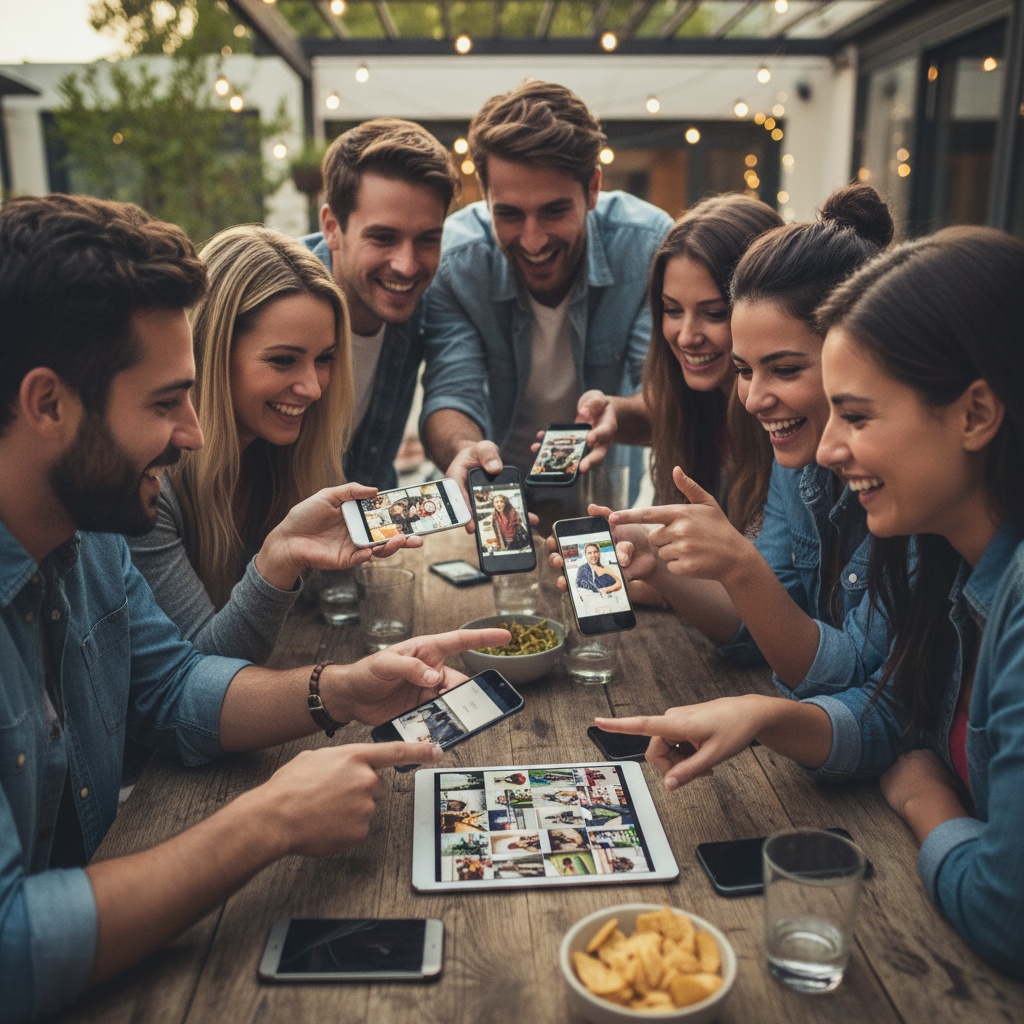 社交の場でスマホで写真を共有する友人グループ