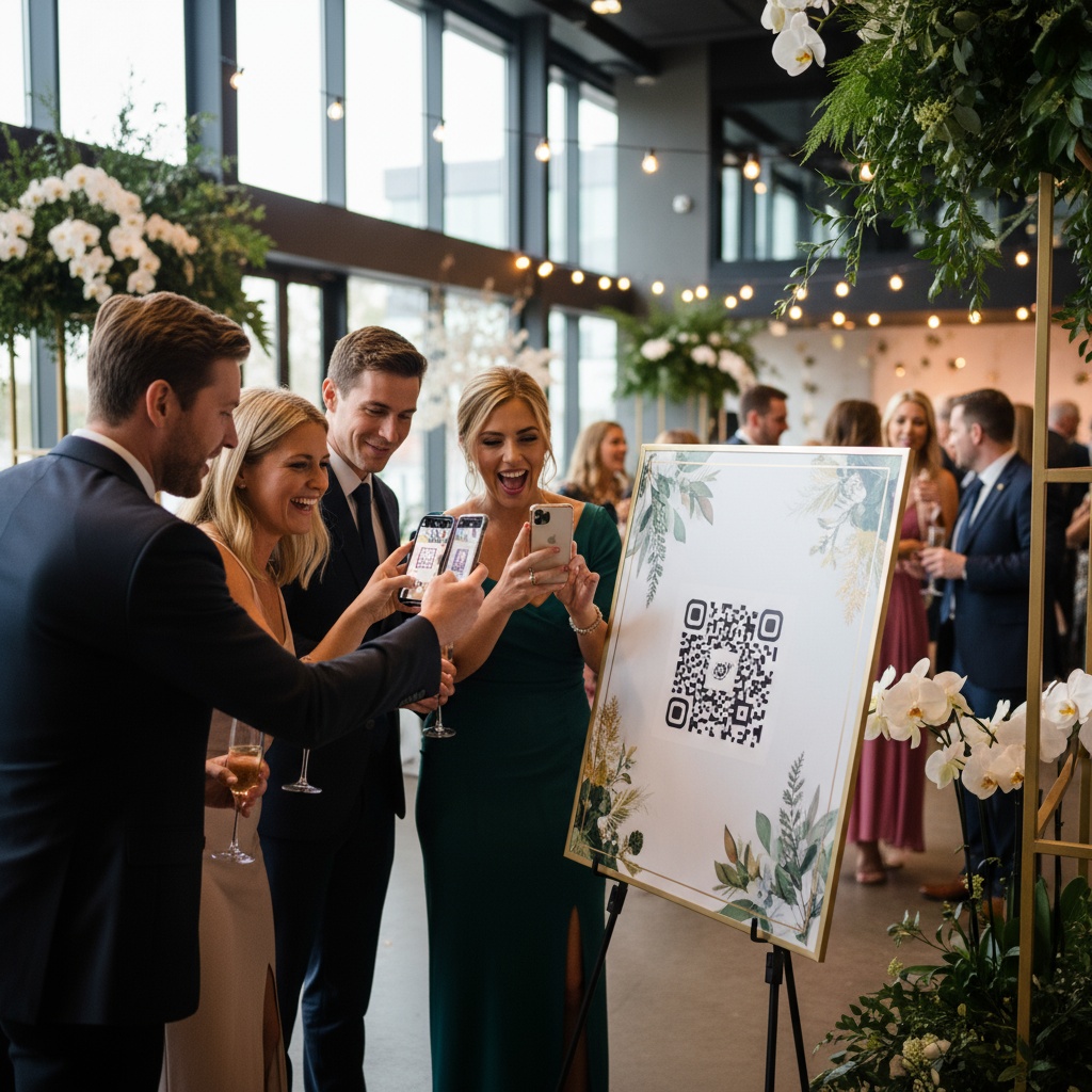 Gäste scannen einen QR-Code, um Eventfotos hochzuladen