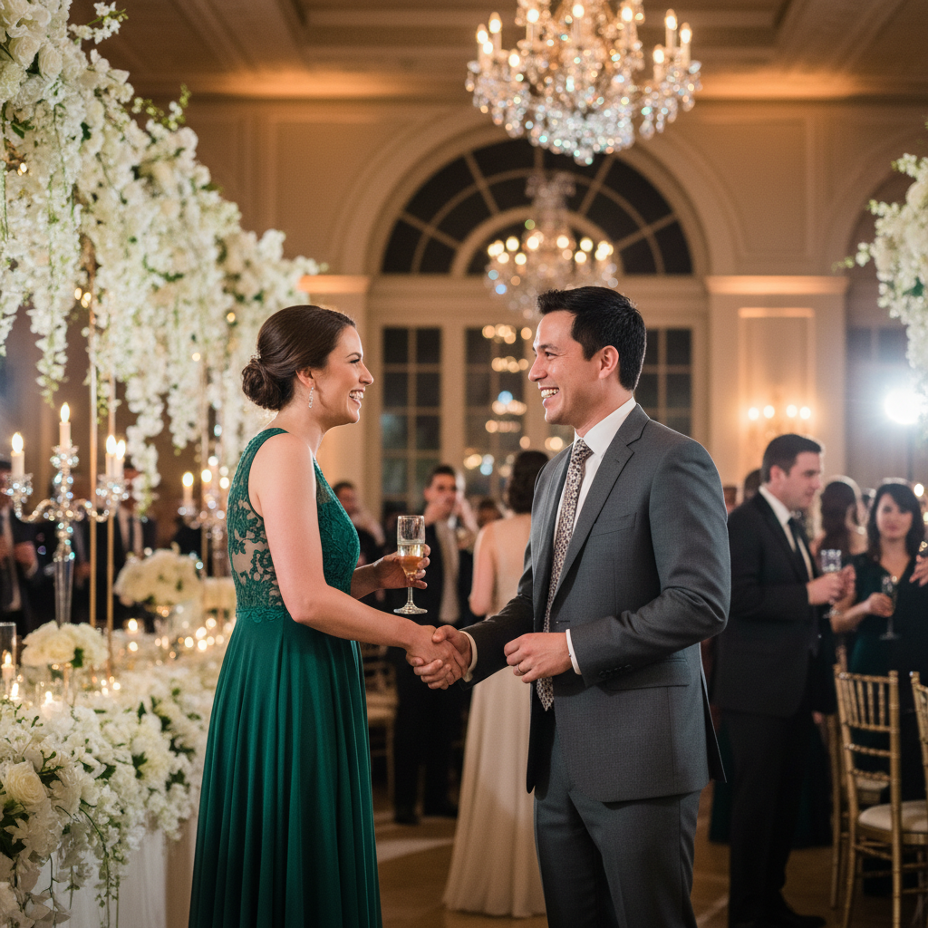 شخصان يلتقيان في استقبال الزفاف