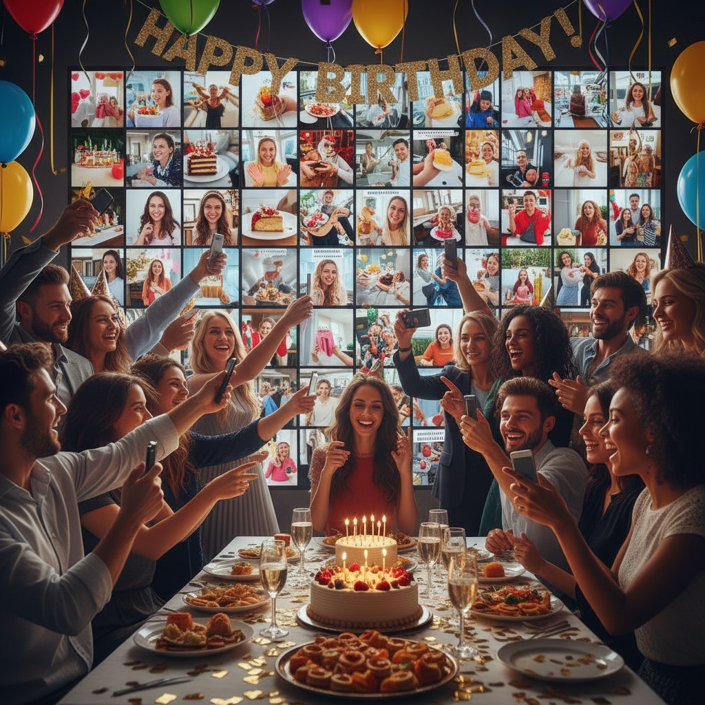 Ekran z wyświetlaniem zdjęć z imprezy na żywo, pokazujący przesyłki gości