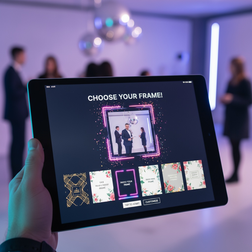 カスタマイズ可能なデザインを備えたタブレット上のデジタルフォトブーステンプレート表示