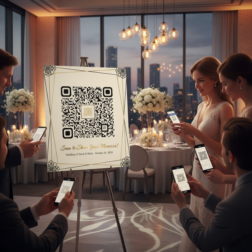 婚礼优雅二维码指示牌,宾客正在扫码