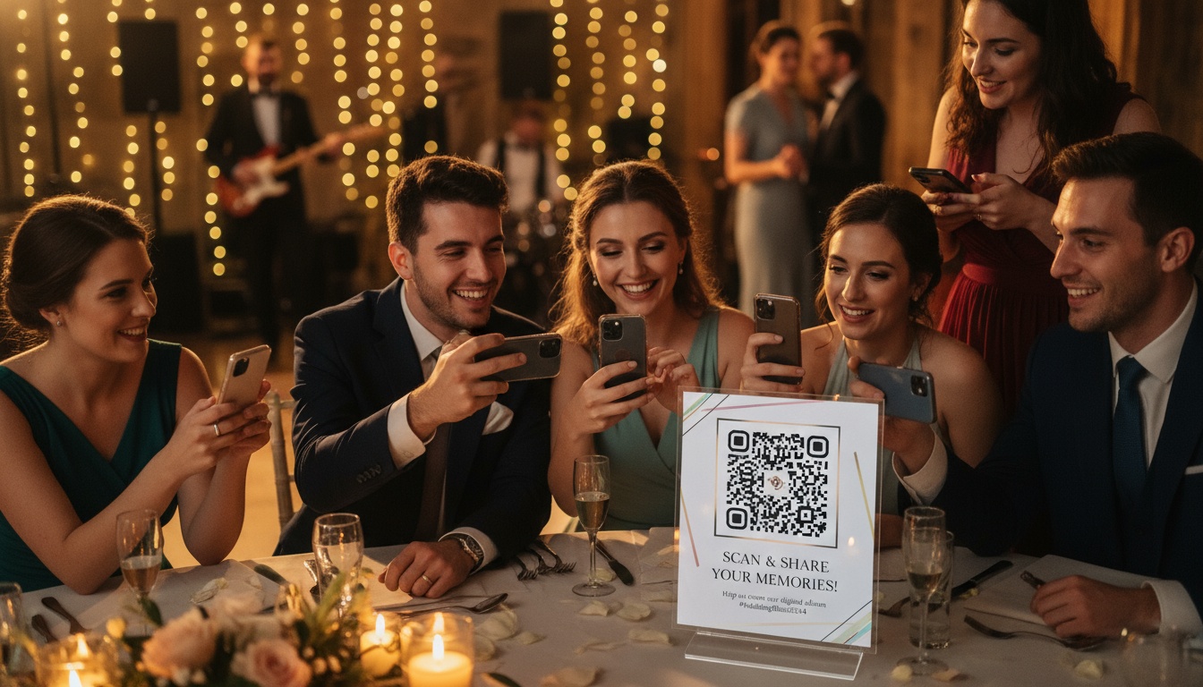 Gäste scannen QR-Code auf einer Hochzeit