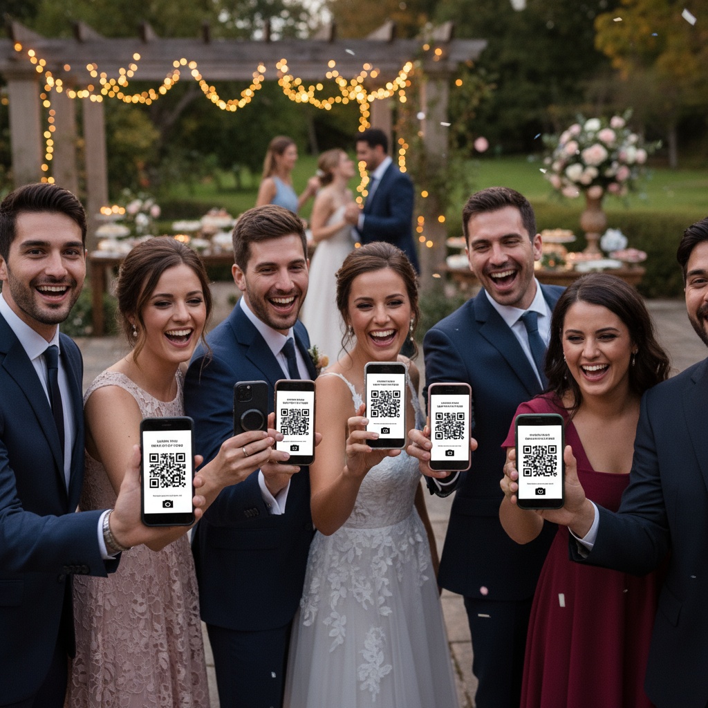 Goście weselni skanujący kod QR, aby przesłać zdjęcia