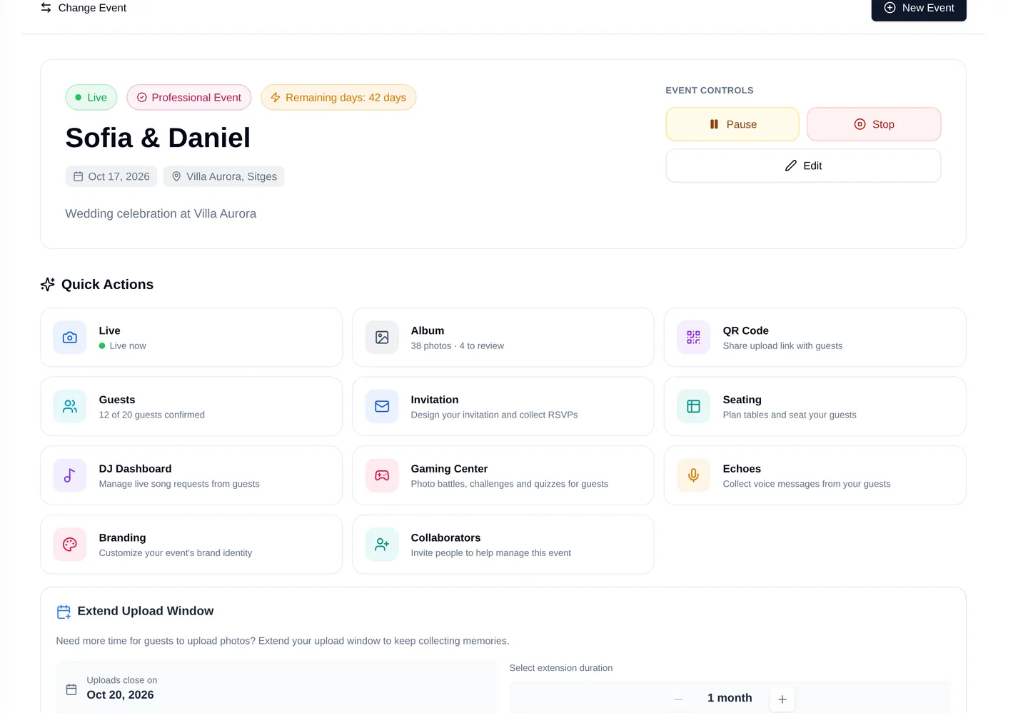 Dashboard akce Fotify s rychlými akcemi pro živé zobrazení, album, hosty, zasedací pořádek a další