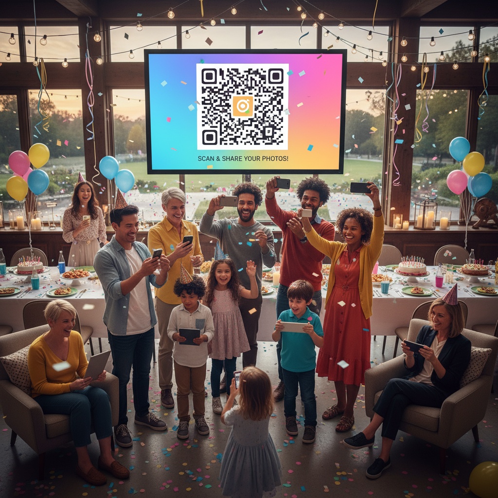Birthday party guests scanning QR code