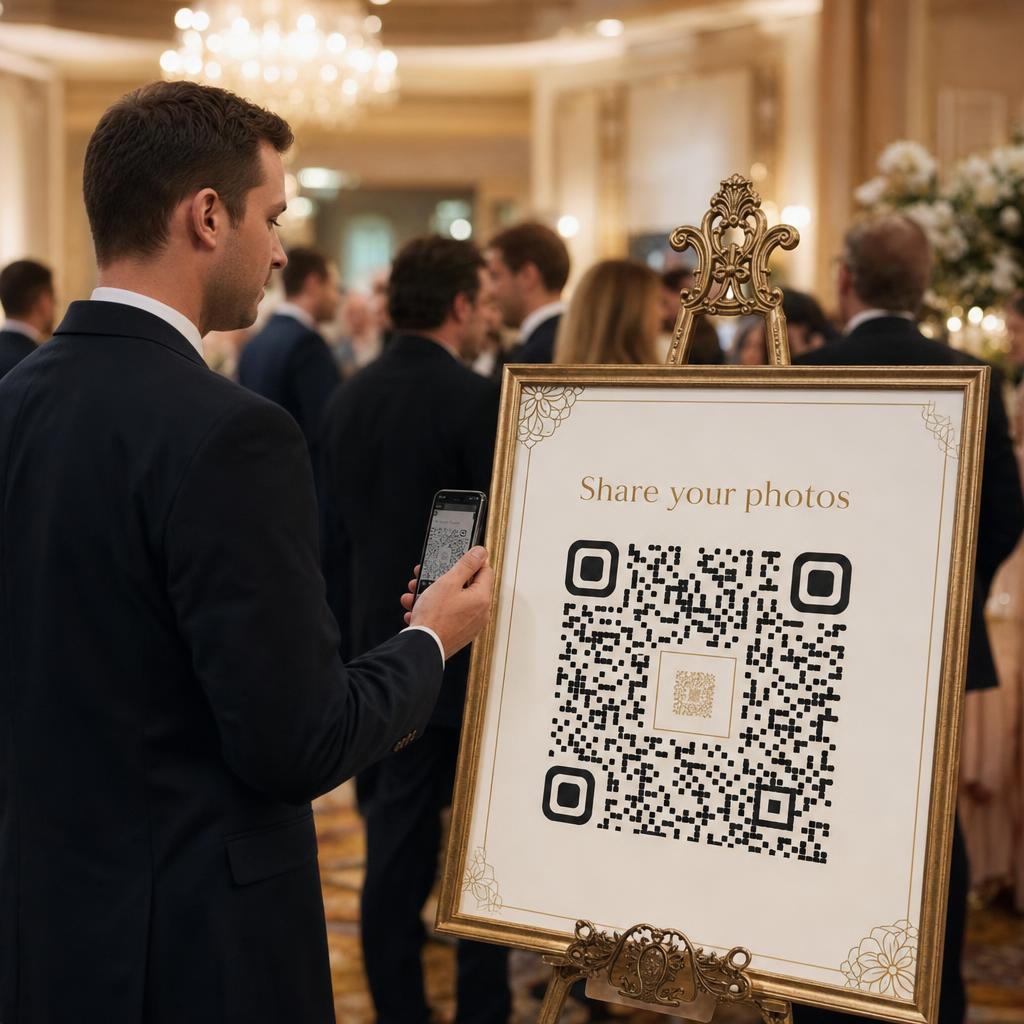 Bröllopsgäster skannar QR-kod för att ladda upp foton