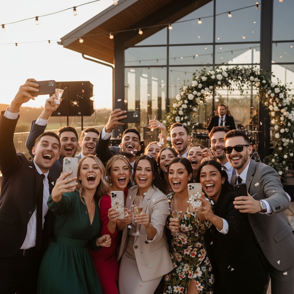 Wedding guests watching photos appear on live display