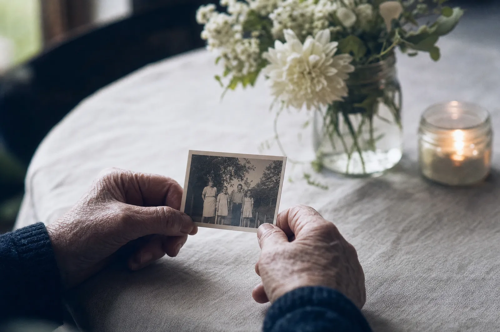 Weathered hands holding an old family photograph beside white flowers and a candle