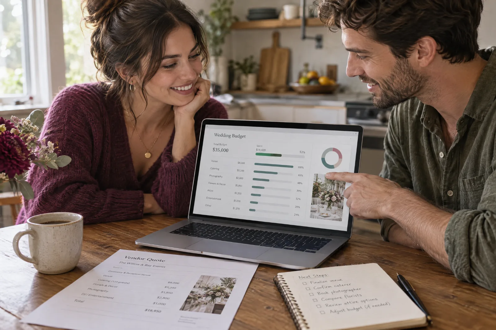 A couple leaning over printed vendor quotes and a laptop, planning their event budget together