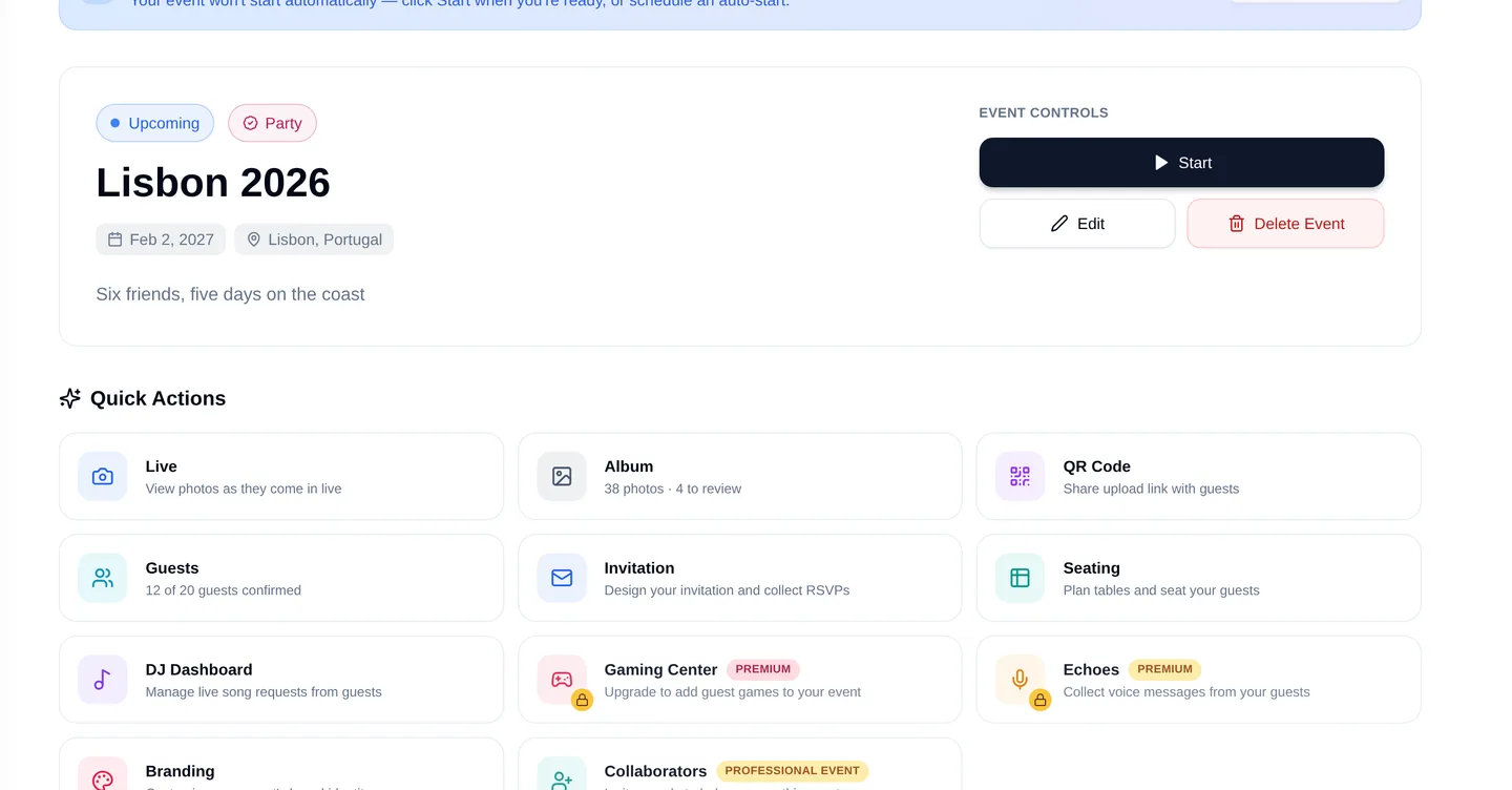 The organizer dashboard with the event overview