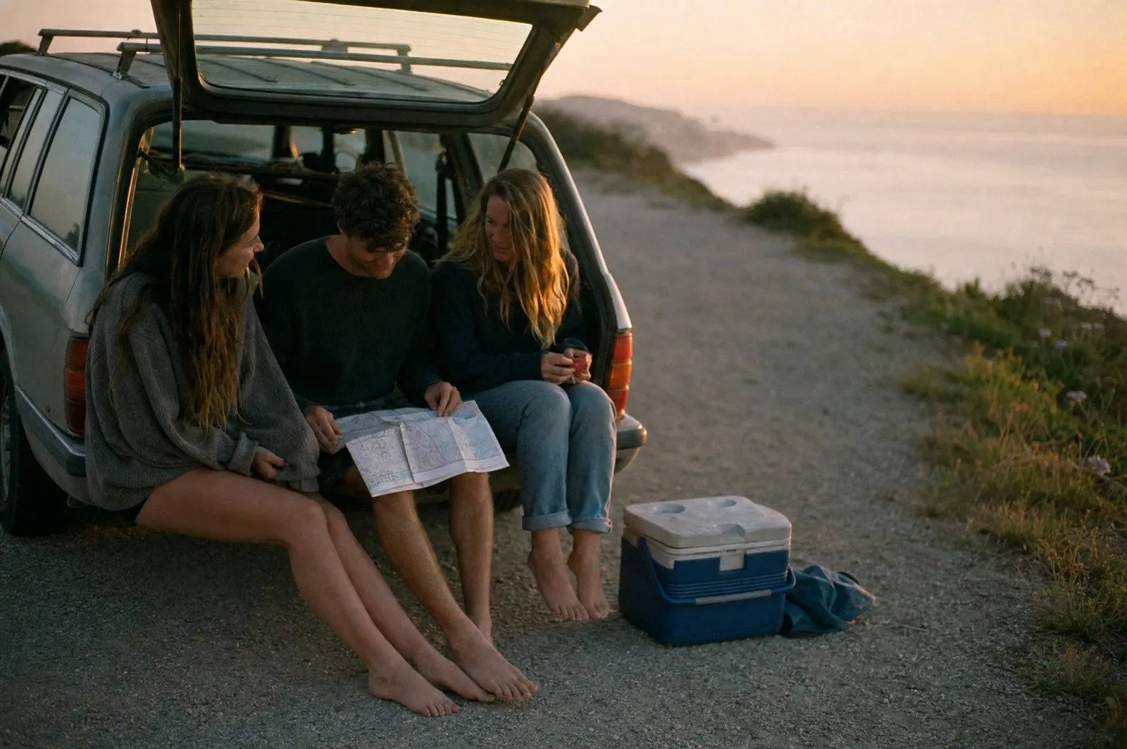 Three friends sitting on a car tailgate at a coastal stop at sunset
